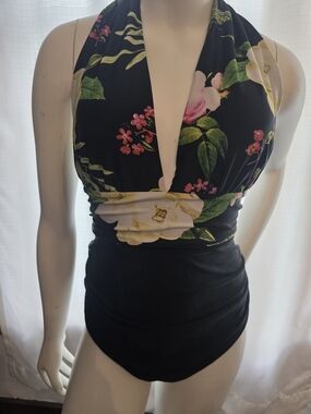 Floral Black Halter One-Piece Swimsuit